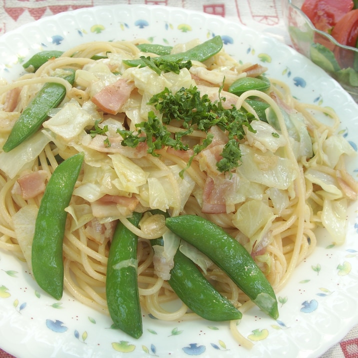 スナップエンドウたっぷりの和風パスタ